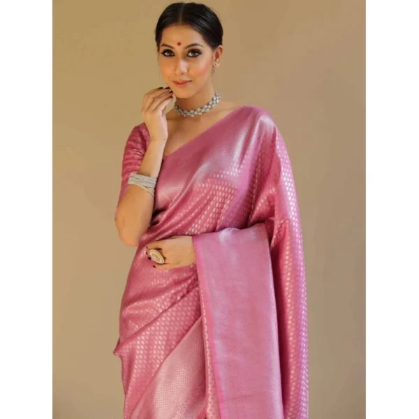 Women's Silk Blend Woven Kanjivaram Saree With Unstitched Blouse (5.5Mtr, Pink) - Image 2
