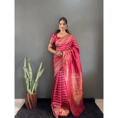 Women's Silk Blend Woven Kanjivaram Saree With Unstitched Blouse (5.5Mtr, Pink)
