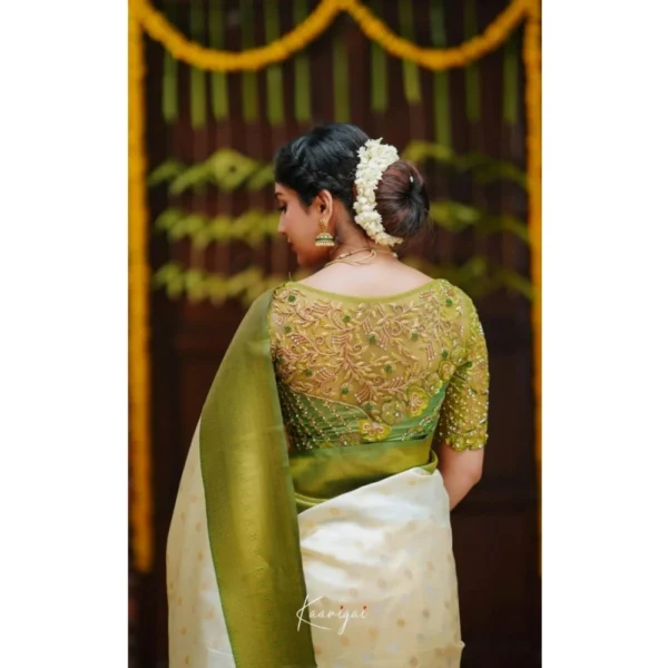 Women's Silk Blend Self Design Banarasi Saree With Unstitched Blouse (5.5Mtr, White Green) - Image 3