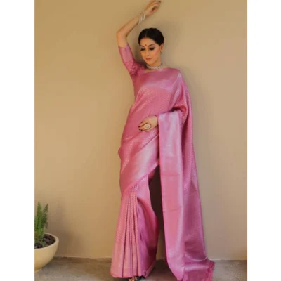 Women's Silk Blend Woven Kanjivaram Saree With Unstitched Blouse (5.5Mtr, Pink)
