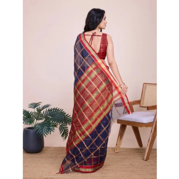 Women's Cotton Silk Checkered Kota Doria Saree With Unstitched Blouse (5.5Mtr, Navy Blue) - Image 3