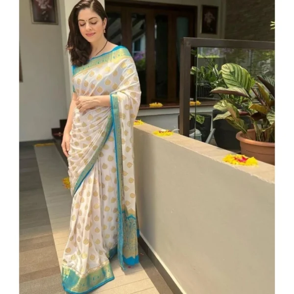 Women's Silk Blend Woven Kanjivaram Saree With Unstitched Blouse (5.5Mtr, White Rama) - Image 3