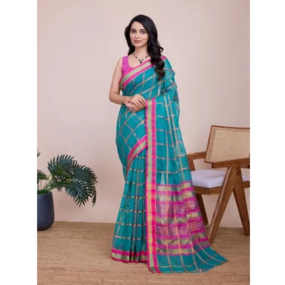 Women's Cotton Silk Checkered Kota Doria Saree With Unstitched Blouse (5.5Mtr, Rama)