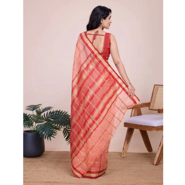 Women's Cotton Silk Checkered Kota Doria Saree With Unstitched Blouse (5.5Mtr, Peach) - Image 3