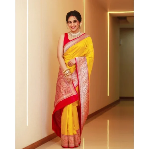 Women's Silk Blend Self Design Banarasi Saree With Unstitched Blouse (5.5Mtr, Yellow Red) - Image 2