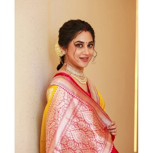 Women's Silk Blend Self Design Banarasi Saree With Unstitched Blouse (5.5Mtr, Yellow Red) - Image 3