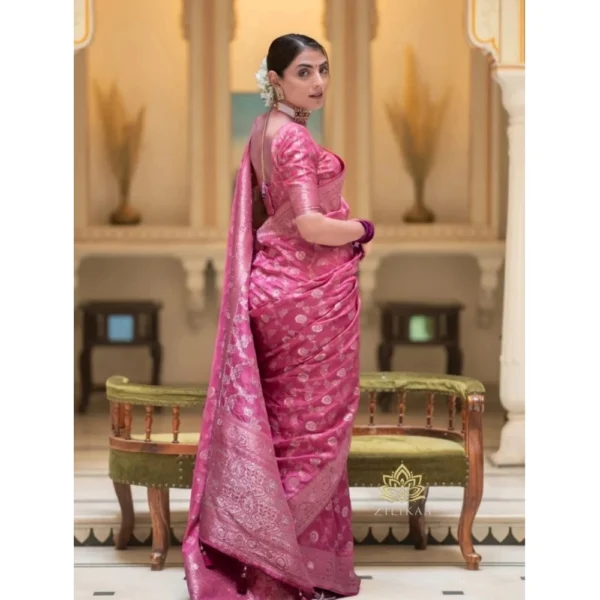 Women's Silk Woven Kanjivaram Saree With Unstitched Blouse (5.5Mtr, Pink) - Image 3