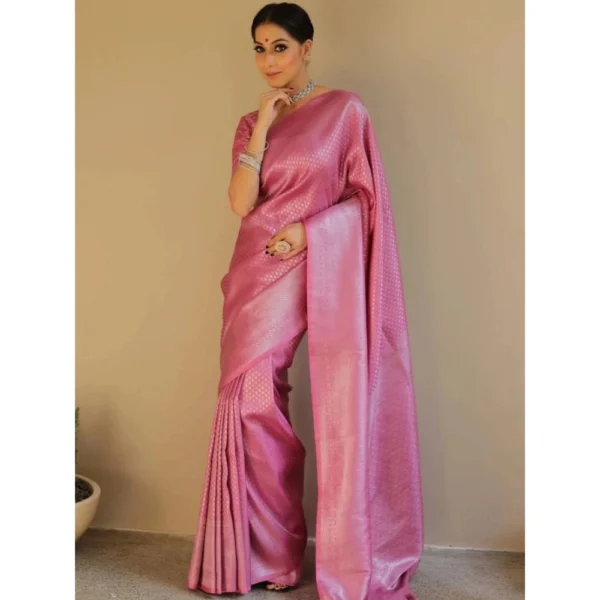 Women's Silk Blend Woven Kanjivaram Saree With Unstitched Blouse (5.5Mtr, Pink) - Image 3