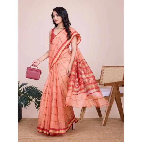Women's Cotton Silk Checkered Kota Doria Saree With Unstitched Blouse (5.5Mtr, Peach) - Image 2