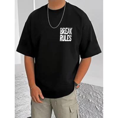 Men's Casual Cotton Blend Printed Round Neck Half Sleeve T-Shirt (Black)