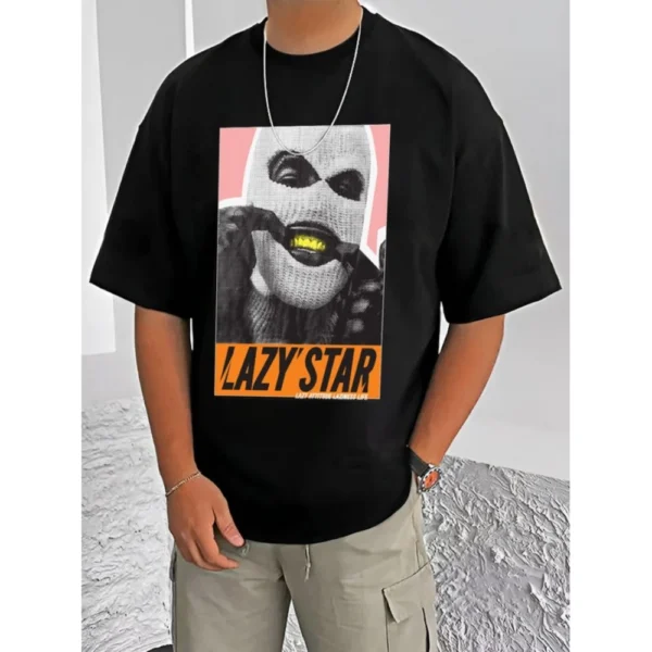 Men's Casual Cotton Blend Printed Round Neck Half Sleeve T-Shirt (Black)