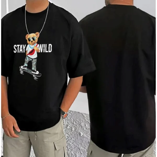 Men's Casual Cotton Blend Printed Round Neck Half Sleeve T-Shirt (Black) - Image 4