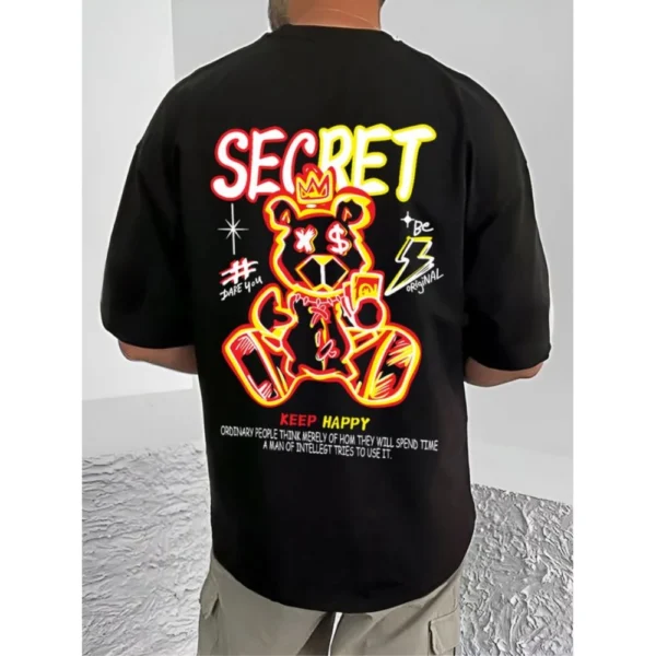 Men's Casual Cotton Blend Printed Round Neck Half Sleeve T-Shirt (Black) - Image 4