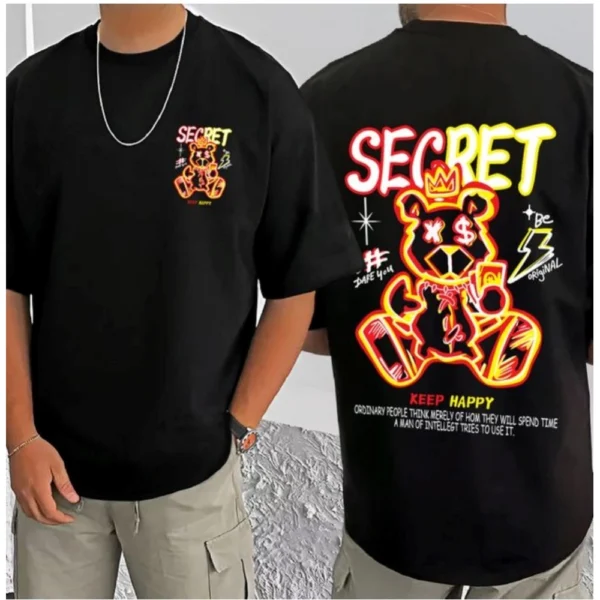 Men's Casual Cotton Blend Printed Round Neck Half Sleeve T-Shirt (Black) - Image 3