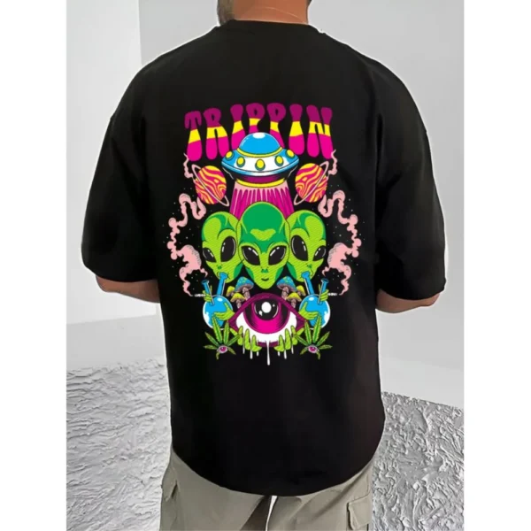 Men's Casual Cotton Blend Printed Round Neck Half Sleeve T-Shirt (Black) - Image 4