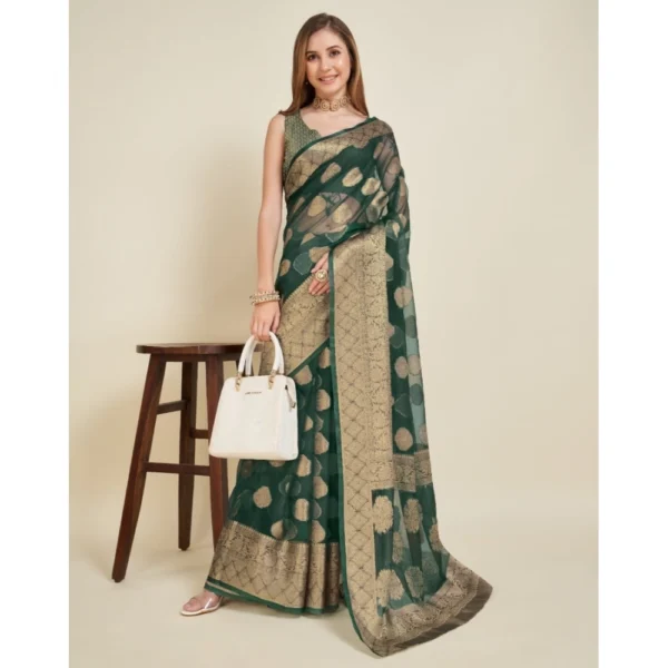 Women's Soft Organza Silk Weaving Design Saree With Unstitched Blouse 5.5Mtr (Green) - Image 2