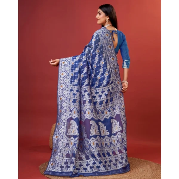 Women's Cotton Silk Printed Saree With Unstitched Blouse 5.5Mtr (Blue) - Image 4