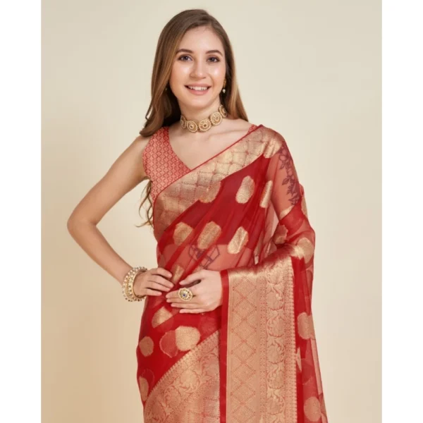 Women's Soft Organza Silk Weaving Design Saree With Unstitched Blouse 5.5Mtr (Red) - Image 3