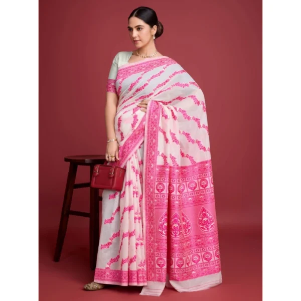 Women's Jamdani Cotton Silk Printed Saree With Unstitched Blouse 5.5Mtr (Pink) - Image 2