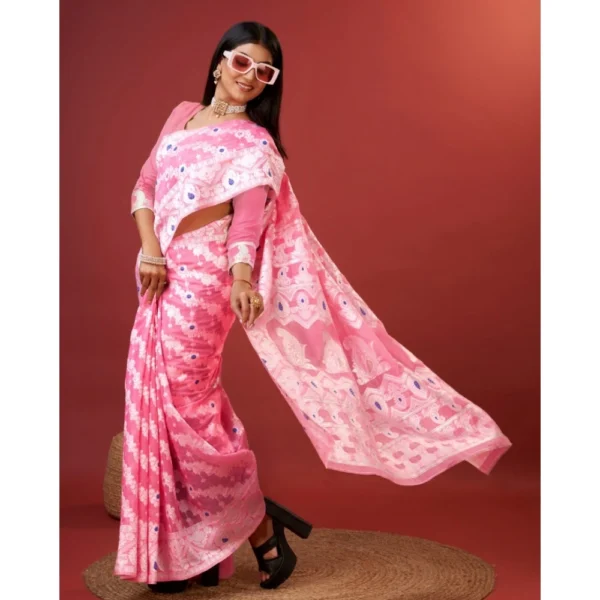 Women's Cotton Silk Printed Saree With Unstitched Blouse 5.5Mtr (Pink) - Image 2