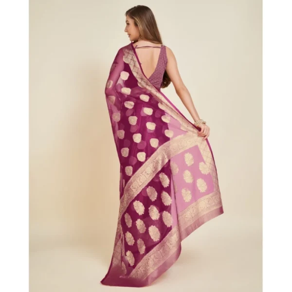 Women's Soft Organza Silk Weaving Design Saree With Unstitched Blouse 5.5Mtr (Wine) - Image 4