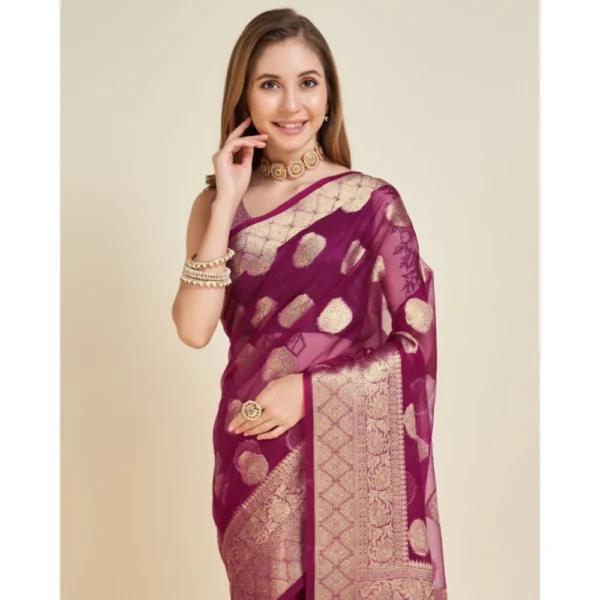 Women's Soft Organza Silk Weaving Design Saree With Unstitched Blouse 5.5Mtr (Wine) - Image 3
