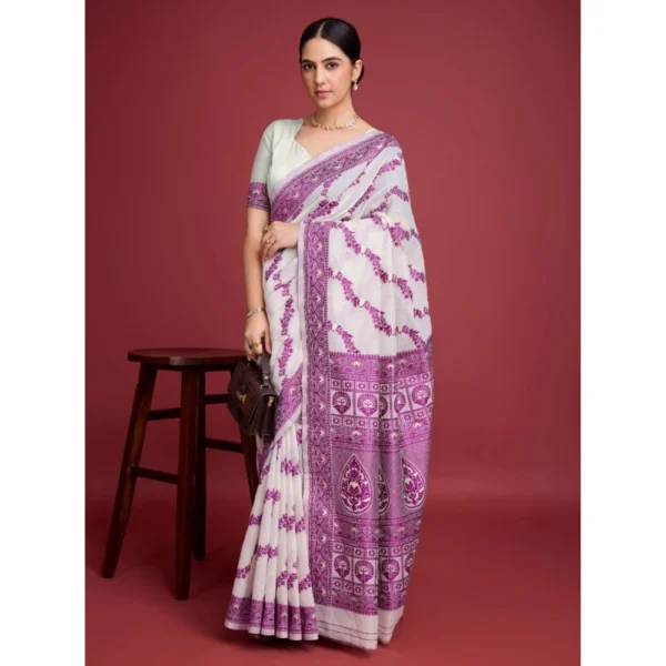Women's Jamdani Cotton Silk Printed Saree With Unstitched Blouse 5.5Mtr (Wine) - Image 2