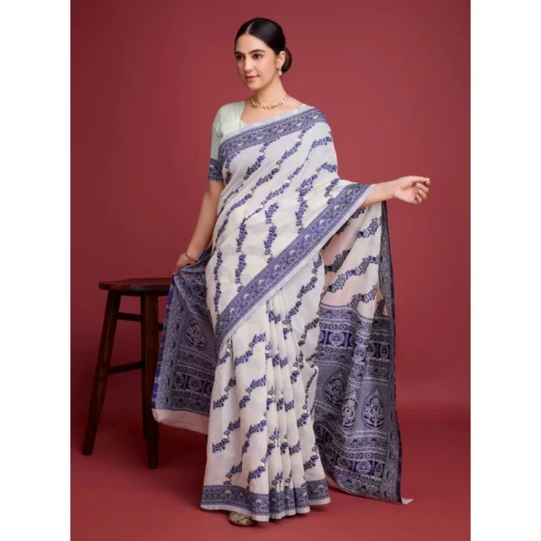 Women's Jamdani Cotton Silk Printed Saree With Unstitched Blouse 5.5Mtr (Navy Blue) - Image 2