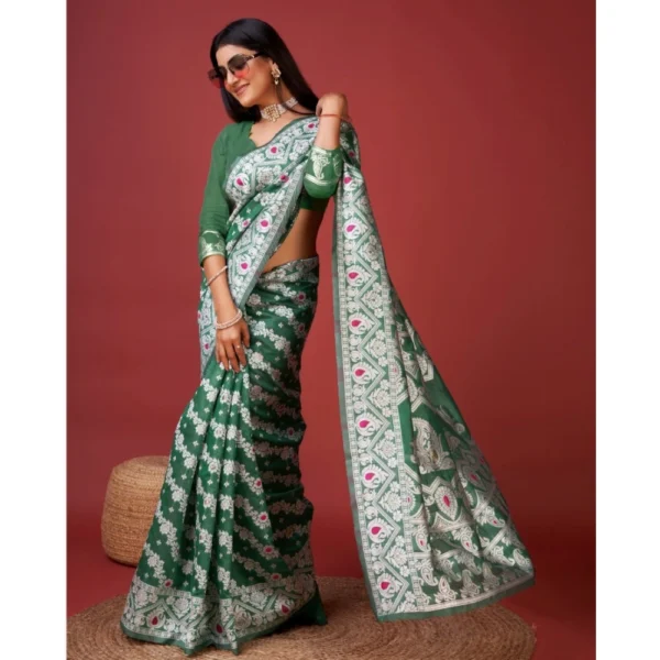Women's Cotton Silk Printed Saree With Unstitched Blouse 5.5Mtr (Green) - Image 2
