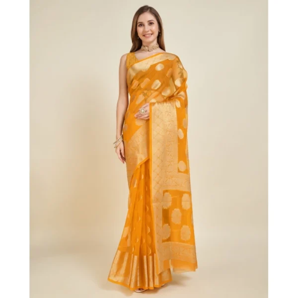 Women's Soft Organza Silk Weaving Design Saree With Unstitched Blouse 5.5Mtr (Yellow) - Image 2