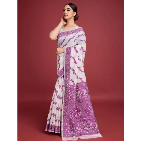 Women's Jamdani Cotton Silk Printed Saree With Unstitched Blouse 5.5Mtr (Wine) - Image 3
