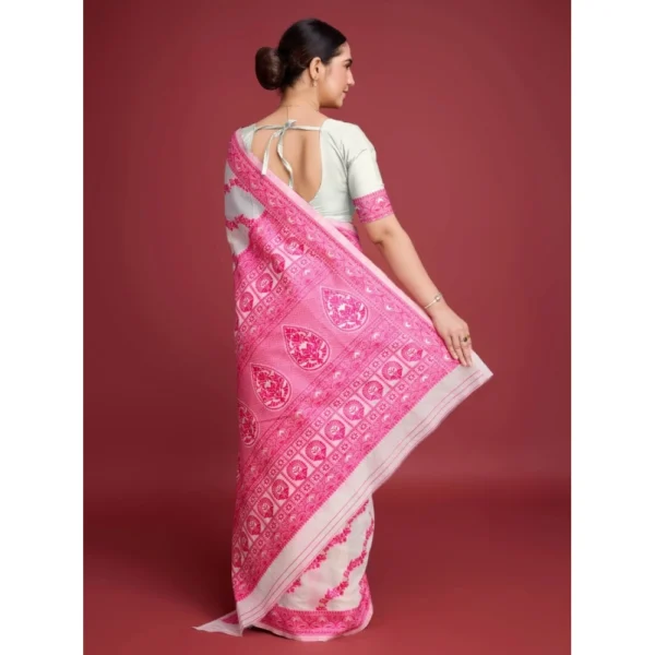 Women's Jamdani Cotton Silk Printed Saree With Unstitched Blouse 5.5Mtr (Pink) - Image 4