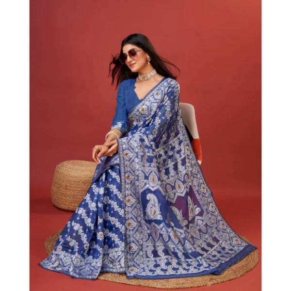 Women's Cotton Silk Printed Saree With Unstitched Blouse 5.5Mtr (Blue) - Image 2