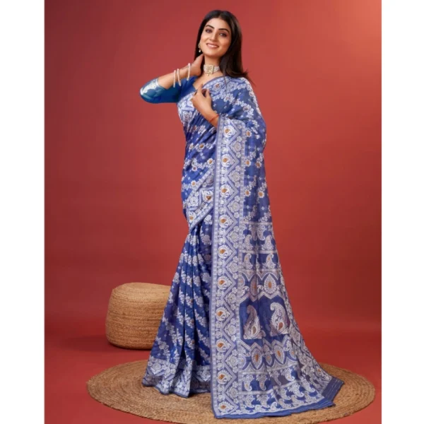 Women's Cotton Silk Printed Saree With Unstitched Blouse 5.5Mtr (Blue) - Image 3