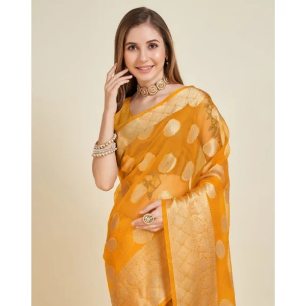 Women's Soft Organza Silk Weaving Design Saree With Unstitched Blouse 5.5Mtr (Yellow) - Image 3