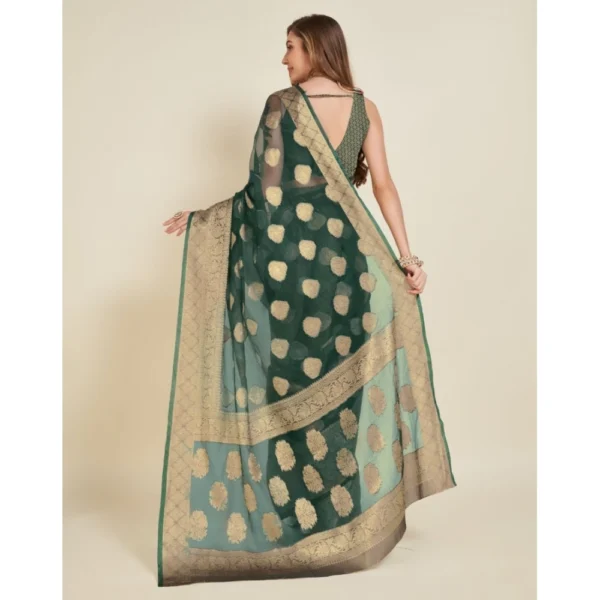 Women's Soft Organza Silk Weaving Design Saree With Unstitched Blouse 5.5Mtr (Green) - Image 4