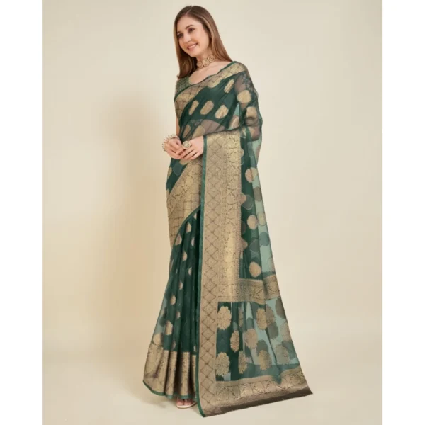 Women's Soft Organza Silk Weaving Design Saree With Unstitched Blouse 5.5Mtr (Green) - Image 3