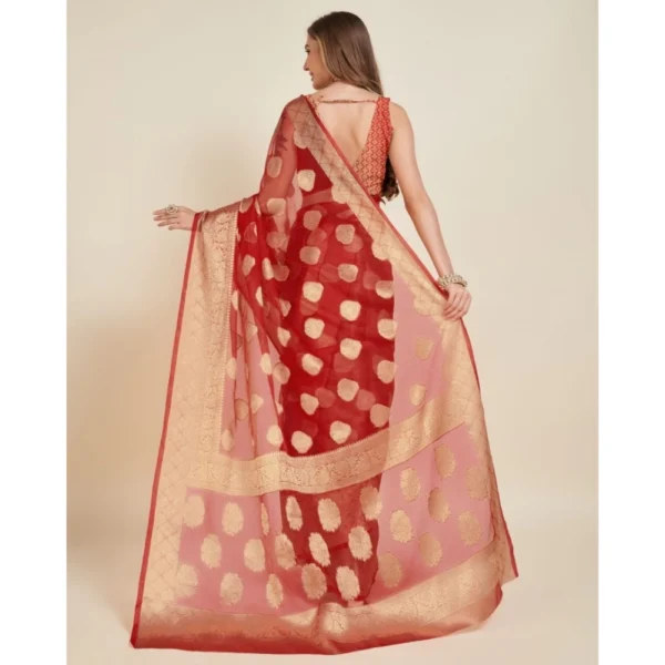 Women's Soft Organza Silk Weaving Design Saree With Unstitched Blouse 5.5Mtr (Red) - Image 4