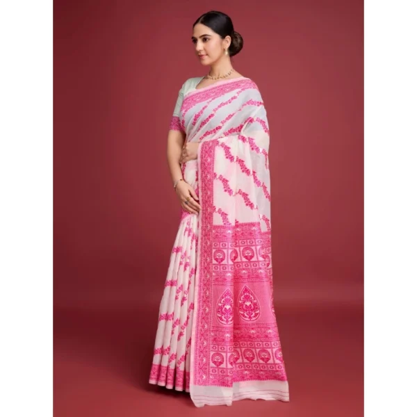 Women's Jamdani Cotton Silk Printed Saree With Unstitched Blouse 5.5Mtr (Pink) - Image 3