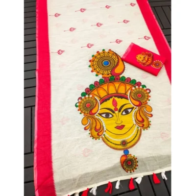 Women's linen Digital Print Saree With Unstitched Blouse 5.5Mtr (White)