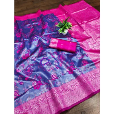 Women's Banarasi Jacquard Printed Saree With Unstitched Blouse 5.5Mtr (Navy Blue)