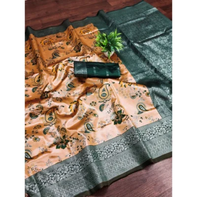Women's Banarasi Jacquard Printed Saree With Unstitched Blouse 5.5Mtr (Orange)