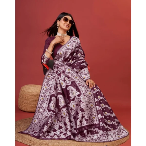 Women's Cotton Silk Printed Saree With Unstitched Blouse 5.5Mtr (Purple) - Image 2