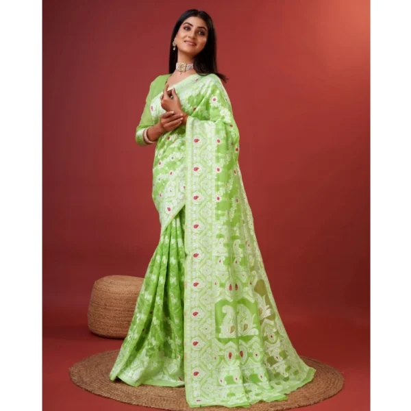 Women's Cotton Silk Printed Saree With Unstitched Blouse 5.5Mtr (Light Green) - Image 3