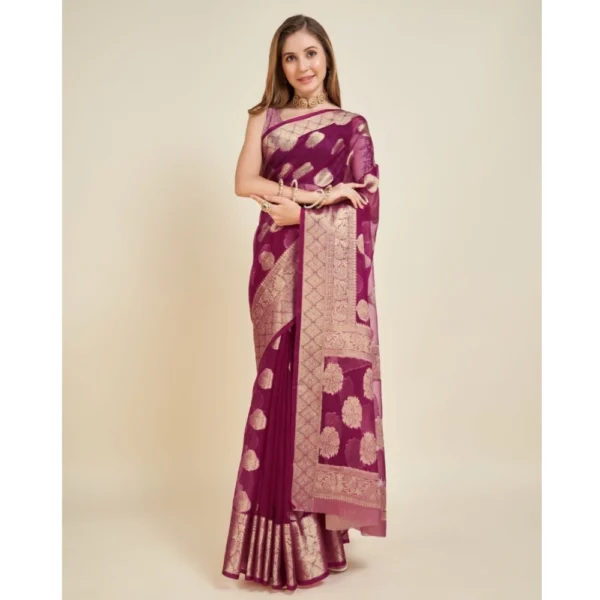 Women's Soft Organza Silk Weaving Design Saree With Unstitched Blouse 5.5Mtr (Wine) - Image 2