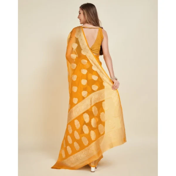 Women's Soft Organza Silk Weaving Design Saree With Unstitched Blouse 5.5Mtr (Yellow) - Image 4