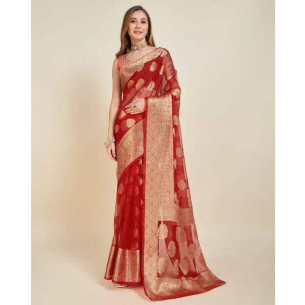 Women's Soft Organza Silk Weaving Design Saree With Unstitched Blouse 5.5Mtr (Red) - Image 2