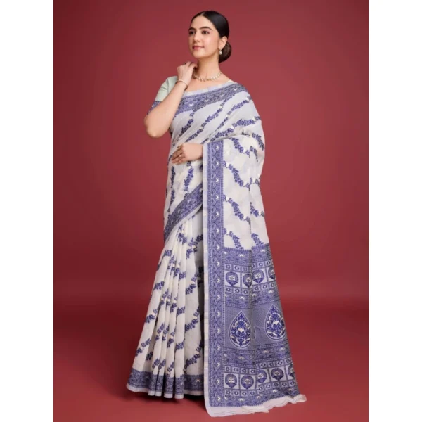 Women's Jamdani Cotton Silk Printed Saree With Unstitched Blouse 5.5Mtr (Navy Blue) - Image 3