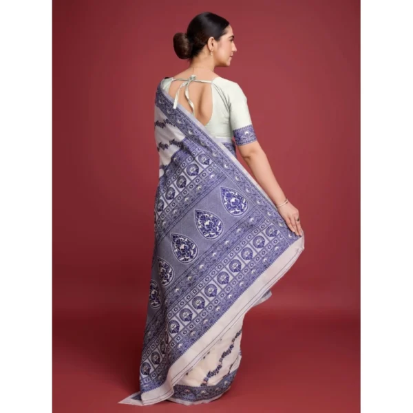 Women's Jamdani Cotton Silk Printed Saree With Unstitched Blouse 5.5Mtr (Navy Blue) - Image 4