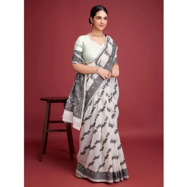 Women's Jamdani Cotton Silk Printed Saree With Unstitched Blouse 5.5Mtr (Black) - Image 3
